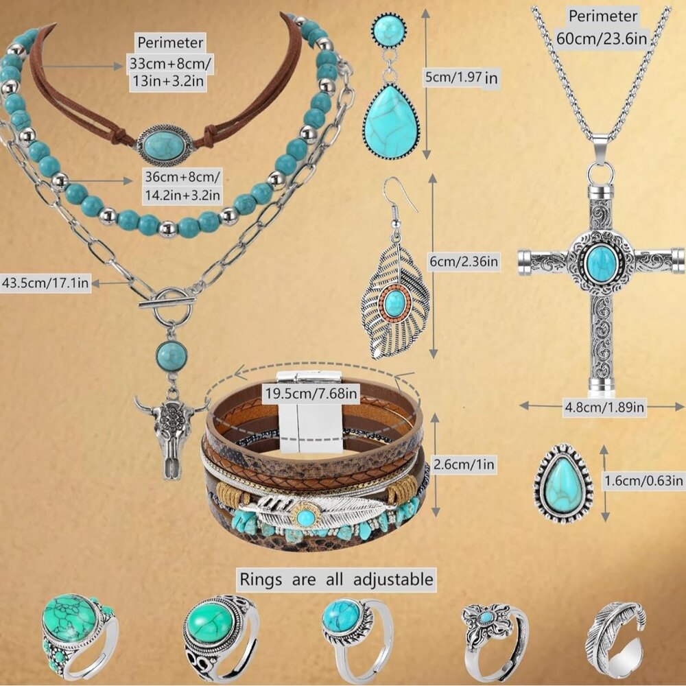 Western Jewelry for Women - Boho Turquoise Jewelry Set with Turquoise Necklace, - Picture 7 of 8